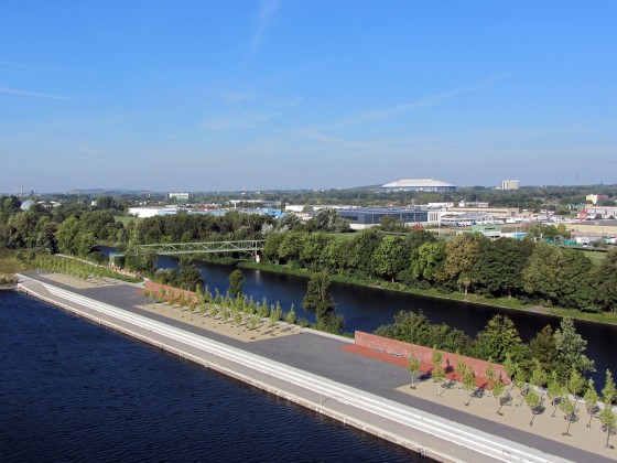 Neubaugebiet am Kanal mit Blick auf Schalke (Veltins-Arerna)
