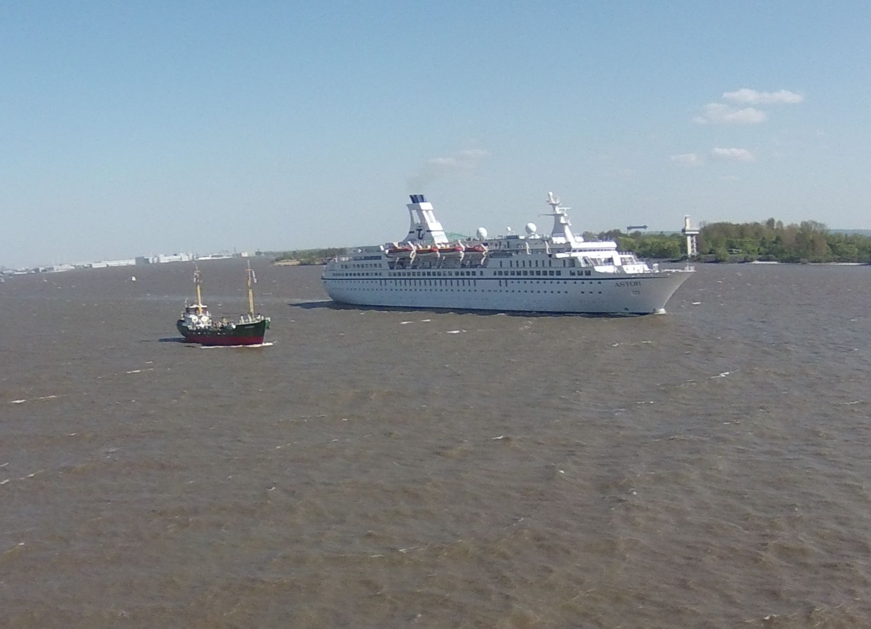 Kreuzfahrtschiff und Küstenmotorschiff auf der Elbe